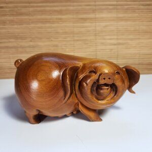 Vintage Hand Carved Chinese Wood Laughing Pig Figurine Ornament Statue